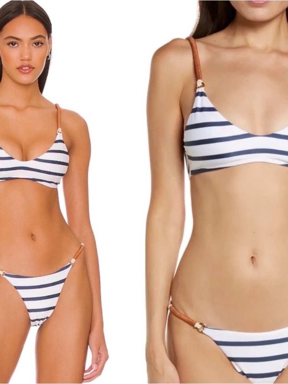 Striped Navy & White Bikini with Tan Strap Accents
